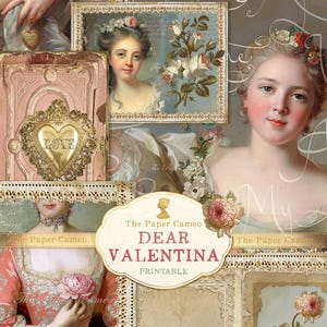 May include: A vintage-style collage with portraits of women, roses, and ornate frames. The text includes "Always My Love" and "Dear Valentina Printable". A pink book with a gold heart is also visible.