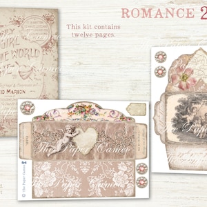 May include: A digital printable kit for scrapbooking or card making with a vintage romance theme. The kit includes twelve pages with images of cherubs, flowers, and text. The text includes the words "Only one girl in the world for me" and "Romance 2".