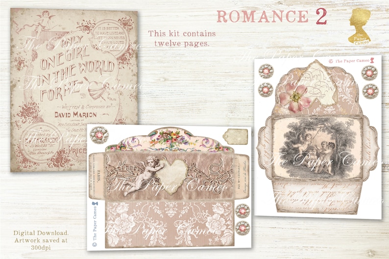 May include: A digital printable kit for scrapbooking or card making with a vintage romance theme. The kit includes twelve pages with images of cherubs, flowers, and text. The text includes the words "Only one girl in the world for me" and "Romance 2".