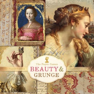 May include: A collage featuring classical portraits of women, one wearing a crown, alongside a hand holding a butterfly, vintage script, and floral patterns. A central label displays the text The Paper Cameo BEAUTY & GRUNGE in gold and pink.
