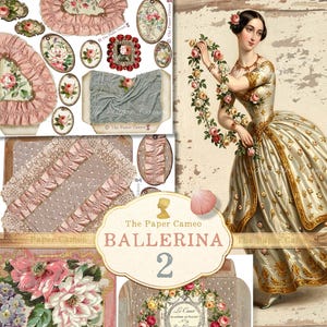 Puede incluir: Una hoja de collage digital que muestra a una mujer de estilo victoriano con un vestido sosteniendo una guirnalda floral, rodeada de varios elementos como tiras de tela rosa con volantes, etiquetas ovaladas florales, encaje y una etiqueta que dice The Paper Cameo BALLERINA 2.