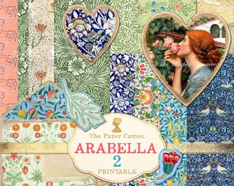 Könnte beinhalten: Ein digitales Collage-Blatt mit einer Vielzahl von floralen und naturinspirierten Mustern in Blautönen, Grün, Gelb und Rot. Das Blatt ist mit "Arabella 2 Printable" betitelt und zeigt ein herzförmiges Design mit einer Frau, die eine Rose riecht.