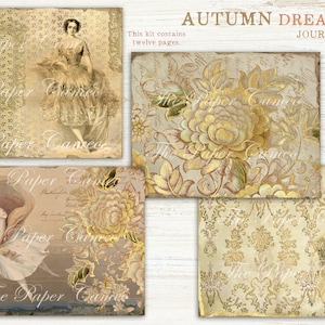 May include: A digital download of 12 printable journal pages featuring a vintage aesthetic with gold accents. The pages include floral patterns, dancers, and text that says "Autumn Dream Journal".