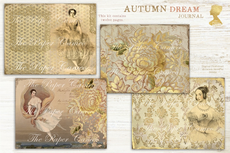 May include: A digital download of 12 printable journal pages featuring a vintage aesthetic with gold accents. The pages include floral patterns, dancers, and text that says "Autumn Dream Journal".