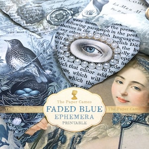 FADED BLUE Ephemera stampabile, etichette regalo, download istantaneo, carta stampabile di San Valentino, kit diario spazzatura, carta collage a tema blu