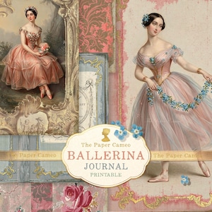 Pode incluir: Uma colagem digital com duas ilustrações de bailarinas em vestidos rosa e azul, padrões florais e molduras douradas ornamentadas. Um rótulo central diz The Paper Cameo BALLERINA JOURNAL PRINTABLE com uma silhueta de cabeça.