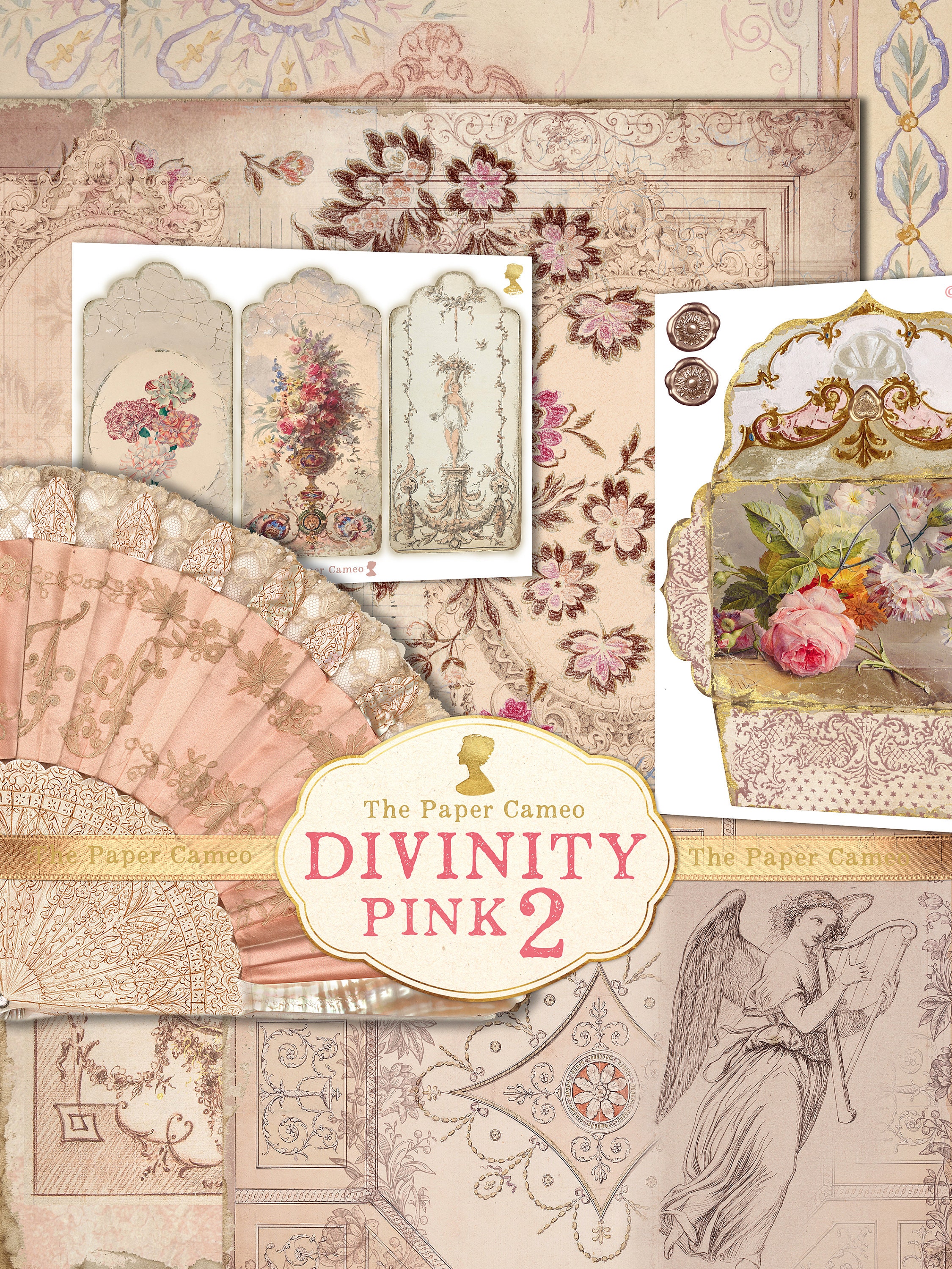 DIVINITY PINK 2 Ephemera, Angel Ephemera Printable, Romantic French Ephemera Digitals, Shabby Pink Ephemera, Vintage Pink Ephemera Digitals