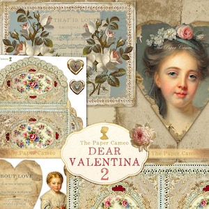 Puede incluir: Un collage de efímeras de estilo vintage con diseños florales, un retrato de mujer y el texto "THAT IS LOVE". También está presente el texto "DEAR VALENTINA 2". La paleta de colores incluye azules, rosas y cremas suaves.