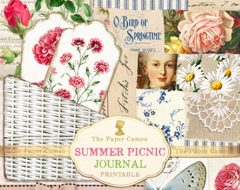 SUMMER PICNIC Journal, Spring Digital, Easter Journal Printable, Shabby Chic Journal, Summer Theme Journal, Floral Journal Kit, Digi Kit