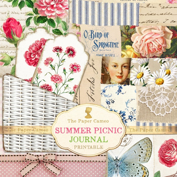 SUMMER PICNIC Journal, Spring Digital, Easter Journal Printable, Shabby Chic Journal, Summer Theme Journal, Floral Journal Kit, Digi Kit