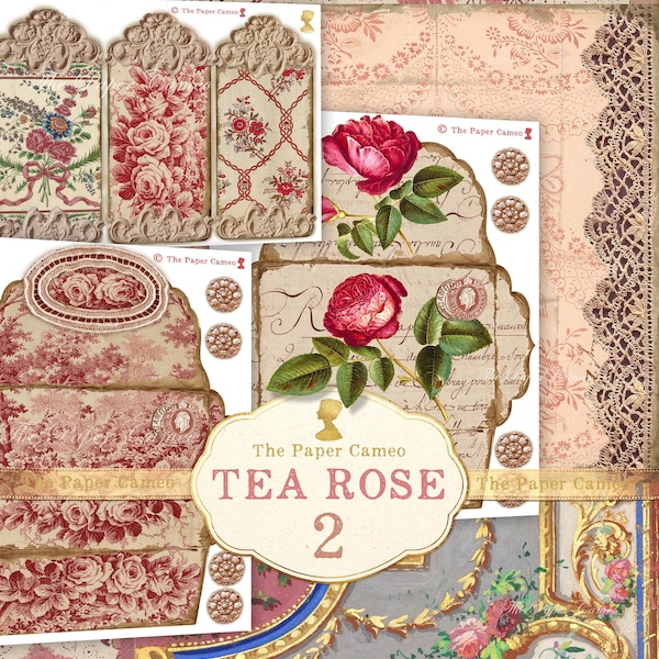 TEA ROSE TWO, kortstondige digitale roos als thema, afdrukbare sepiaroos, Marie Antoinette-stijl kortstondige afdrukbare, armoedige roze roos tijdelijkheid