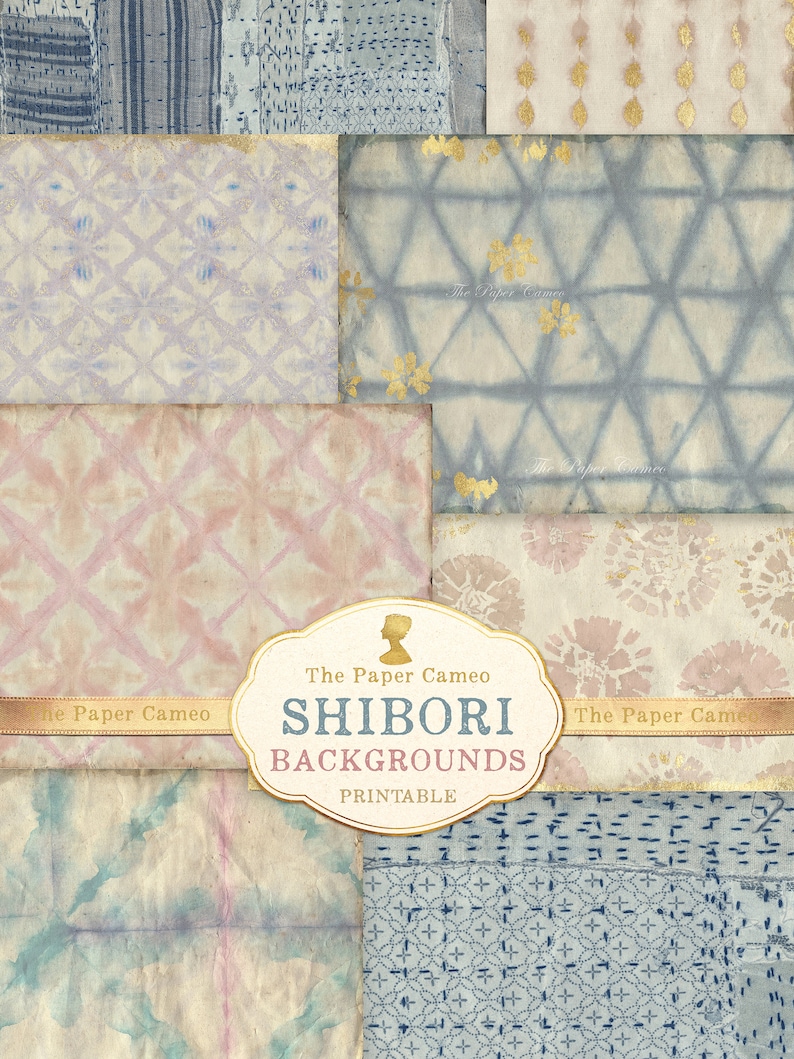 May include: A collection of 10 printable digital paper backgrounds featuring a variety of shibori patterns in blue, pink, and gold. The text "The Paper Cameo Shibori Backgrounds Printable" is displayed on the image.