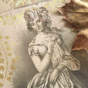 May include: A vintage drawing of a woman with a floral crown, wearing a dress with a flowing skirt and a shawl. The drawing is in shades of brown and beige, with a textured background.