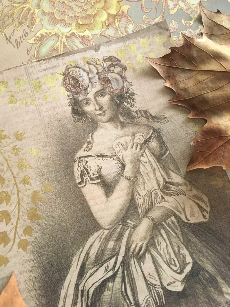 May include: A vintage drawing of a woman with a floral crown, wearing a dress with a flowing skirt and a shawl. The drawing is in shades of brown and beige, with a textured background.