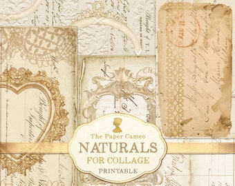 May include: A set of printable digital papers featuring vintage-style designs with ornate frames, handwritten text, and lace patterns in shades of beige and brown. The text on the papers includes "The Paper Cameo Naturals for Collage Printable".