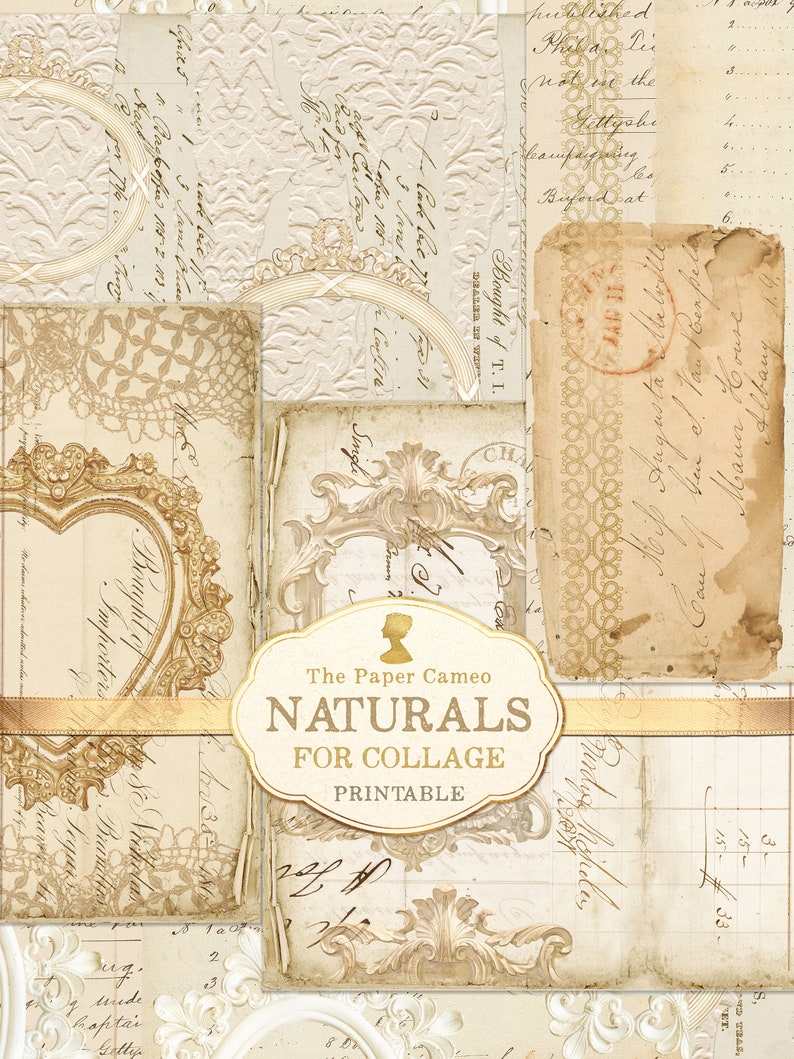 May include: A set of printable digital papers featuring vintage-style designs with ornate frames, handwritten text, and lace patterns in shades of beige and brown. The text on the papers includes "The Paper Cameo Naturals for Collage Printable".