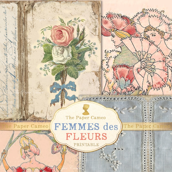 FEMMES des FLEURS Spring Themed Journal Printable, Flower Fairy Journal Digital, Pastel Floral Spring Junk Journal pages, Easter Ephemera