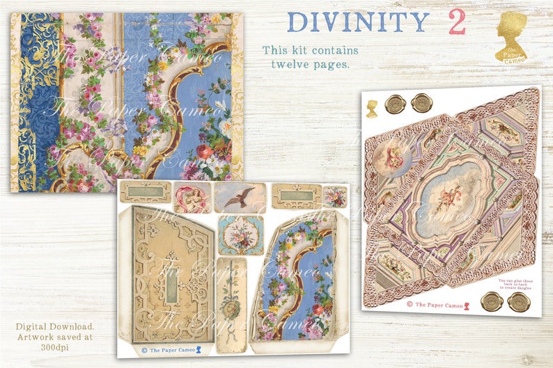 May include: A digital download kit for paper crafts, featuring a vintage design with floral patterns and ornate details. The kit includes twelve pages of artwork, saved at 300dpi. The title of the kit is "Divinity 2".