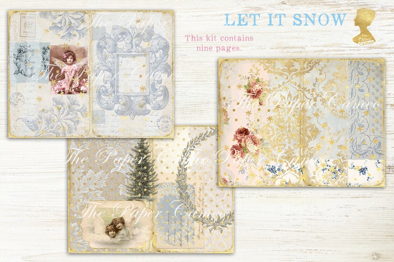 May include: A digital scrapbooking kit with nine pages featuring a winter theme. The pages include images of angels, a Christmas tree, and a floral pattern with gold accents. The text "LET IT SNOW" is displayed at the top of the image.