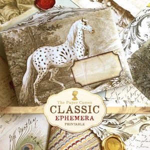 KLASSISCHE Ephemera digitaler Download, antikes Ephemera Printable Kit, antike Geschenkanhänger druckbar, Pferd Umschlag druckbar, Junk Journal Kit