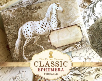 CLASSIC Ephemera Digital Download, Antique Ephemera Printable Kit, Antique Gift Tags Printable, Horse Envelope Printable, Junk Journal Kit