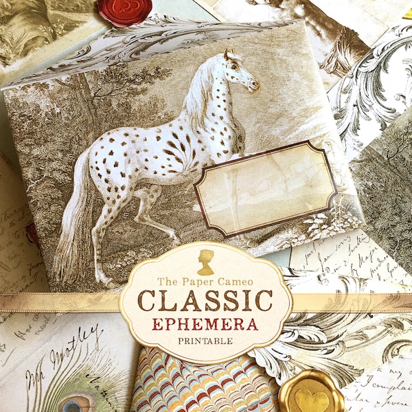CLASSIC Ephemera Digital Download, Antique Ephemera Printable Kit, Antique Gift Tags Printable, Horse Envelope Printable, Junk Journal Kit