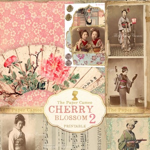 CHERRY BLOSSOM 2 kortstondige ephemera digitaal, vintage Japans thema afdrukbaar, geisha junk Journal, theeceremonie, ephemera voorjaarsthema afdrukbaar