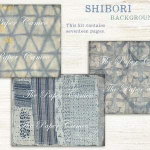 May include: A digital download of 17 blue and white shibori patterned backgrounds. The backgrounds are perfect for digital scrapbooking, card making, and other creative projects. The text "The Paper Cameo" is visible on each background.