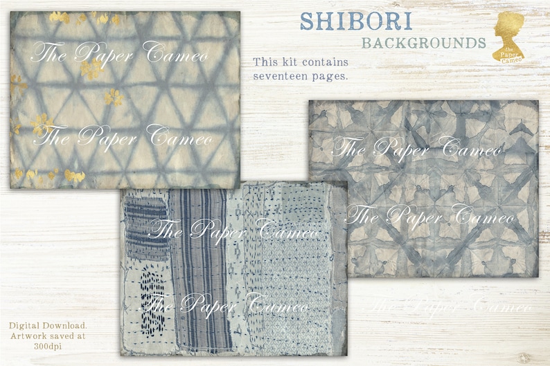 May include: A digital download of 17 blue and white shibori patterned backgrounds. The backgrounds are perfect for digital scrapbooking, card making, and other creative projects. The text "The Paper Cameo" is visible on each background.