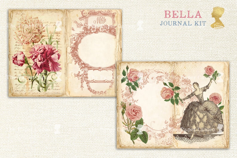 BELLA, Shabby French Style Printable Junk Journal Kit, French Fashion Digital Download, Vintage Floral Journal Pages, Shabby Chic Journal image 4