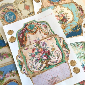 May include: A set of printable paper crafting sheets featuring intricate floral designs and gold accents. The sheets are perfect for creating cards, scrapbook pages, and other paper crafts.