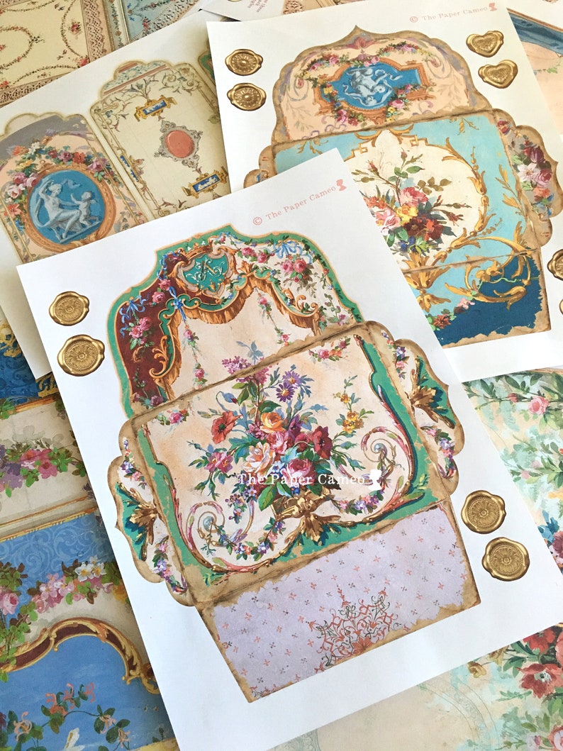 May include: A set of printable paper crafting sheets featuring intricate floral designs and gold accents. The sheets are perfect for creating cards, scrapbook pages, and other paper crafts.