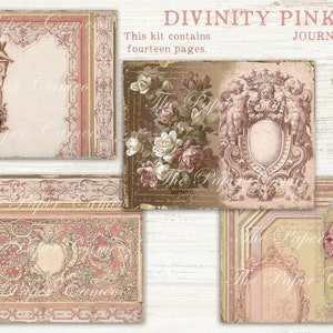 May include: A digital download kit of 14 printable journal pages featuring ornate frames, floral designs, and cherubs in pink and gold tones. The kit is titled "Divinity Pink Journal".
