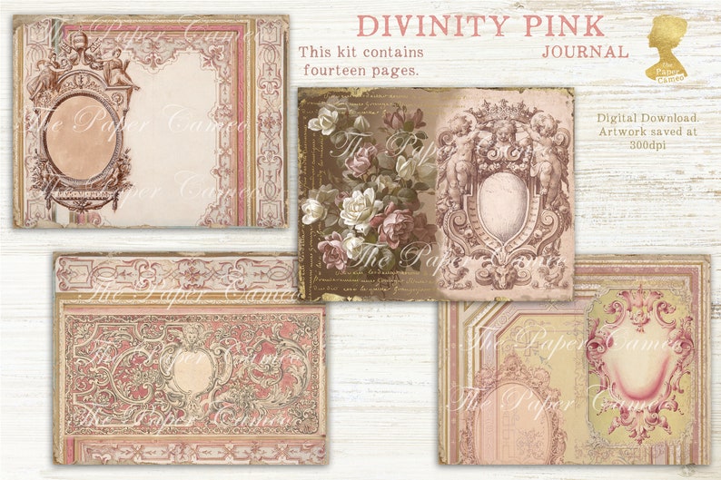 May include: A digital download kit of 14 printable journal pages featuring ornate frames, floral designs, and cherubs in pink and gold tones. The kit is titled "Divinity Pink Journal".