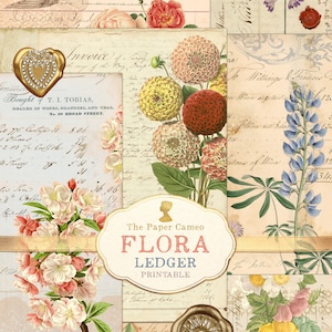 FLORA LEDGER, papel de libro mayor con flores para imprimir, descarga digital de flores antiguas, facturas antiguas para imprimir, papeles de collage para diarios basura