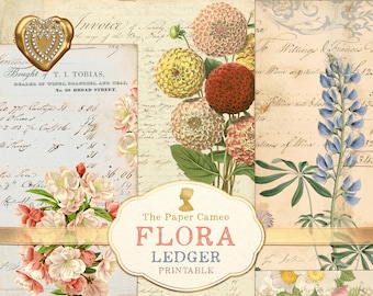 FLORA LEDGER, Floral Ledger Paper Printable, Vintage Floral Digital Download, Antique Invoice Printable, Junk Journal Collage Papers