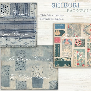 May include: A digital download of 17 pages of Shibori backgrounds. The backgrounds feature a variety of blue and white patterns, including geometric shapes and floral designs. The text "The Paper Cameo" is visible in the image.