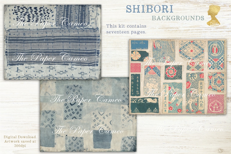 May include: A digital download of 17 pages of Shibori backgrounds. The backgrounds feature a variety of blue and white patterns, including geometric shapes and floral designs. The text "The Paper Cameo" is visible in the image.