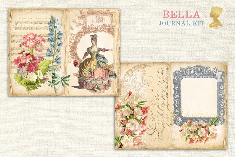 BELLA, Shabby French Style Printable Junk Journal Kit, French Fashion Digital Download, Vintage Floral Journal Pages, Shabby Chic Journal image 3