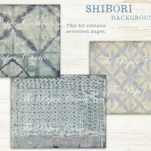 May include: A digital download of 17 Shibori backgrounds in blue and white with a distressed, vintage look. The backgrounds are perfect for scrapbooking, digital design, and other creative projects. The text "The Paper Cameo" is visible on each background.