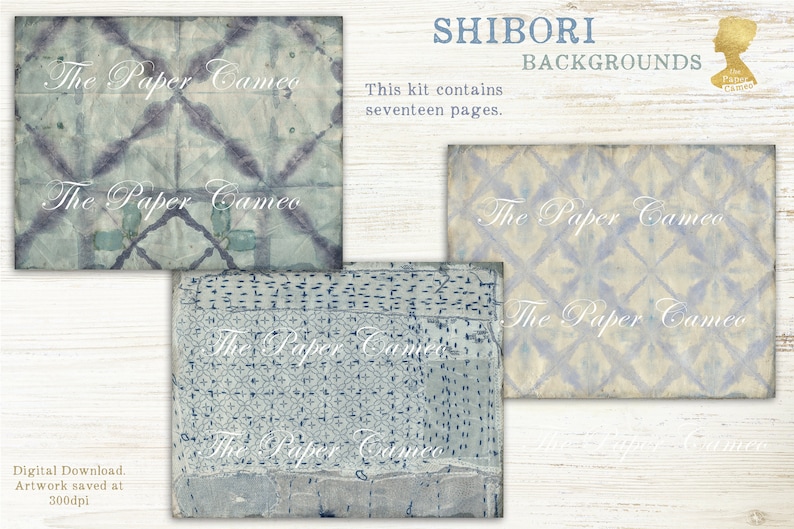 May include: A digital download of 17 Shibori backgrounds in blue and white with a distressed, vintage look. The backgrounds are perfect for scrapbooking, digital design, and other creative projects. The text "The Paper Cameo" is visible on each background.