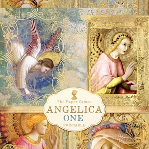May include: A collage of four vintage-style images featuring angels and religious figures. The images are framed in gold and have a blue and gold color scheme. The text "The Paper Cameo Angelica One Printable" is in the center of the collage.