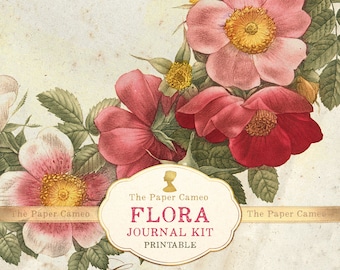 FLORA Journal, Floral Journal Printable Digital, Vintage Flowers, Floral Collage Instant Download Digital, Floral junk journal Pages
