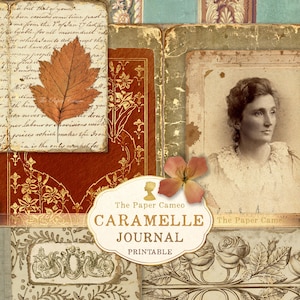 Op de afbeelding: Een vintage collage met een sepia portret, bloemen- en damastpatronen en handgeschreven tekst. Een gedroogd blad en een bloem accentueren het ontwerp. De tekst luidt "Caramelle Journal Printable."