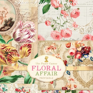 FLORAL AFFAIR, carta floreale antica stampabile, download digitale di rose vintage, stampabile di effimeri floreali, collage di carte di diario spazzatura