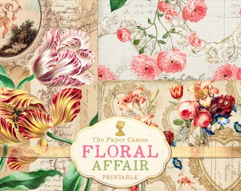FLORAL AFFAIR, Antique Floral Paper Printable, Vintage Roses Digital Download, Floral Ephemera Printable, Junk Journal Collage Papers