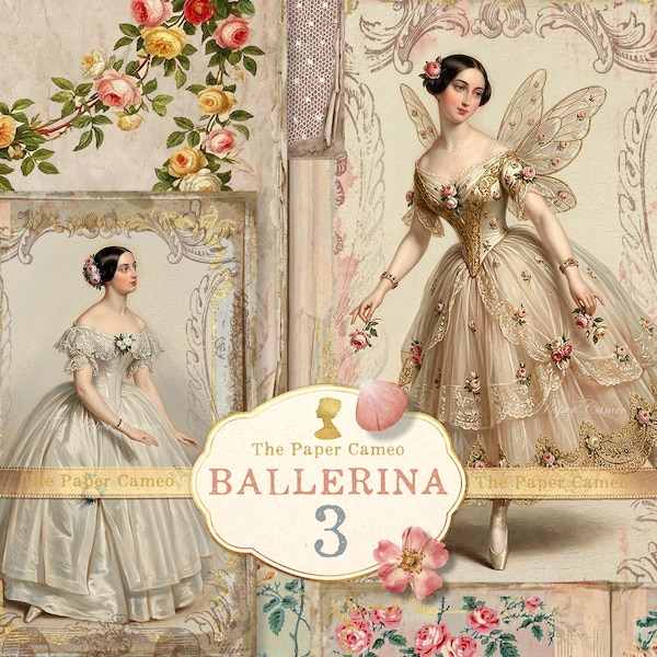 BALLERINA 3, digitale download thema ballet, vintage ballerina afdrukbare, antieke ballet digitale pagina's, shabby roze danseres, rococoballet