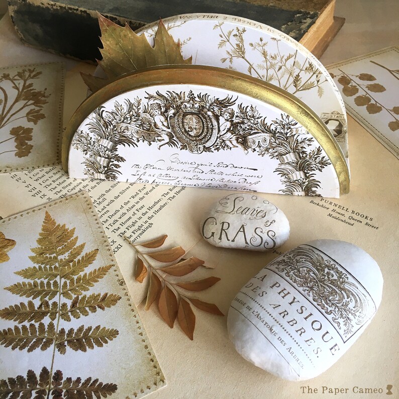 Op de afbeelding: Een wit houten decoratief rek met een gouden rand en een bloemenpatroon. Het rek is versierd met een kleine steen met de woorden "Seaves of Grass" en een andere steen met de woorden "A Physique des Arbres." Het rek staat op een tafel met een boek en andere decoratieve items.