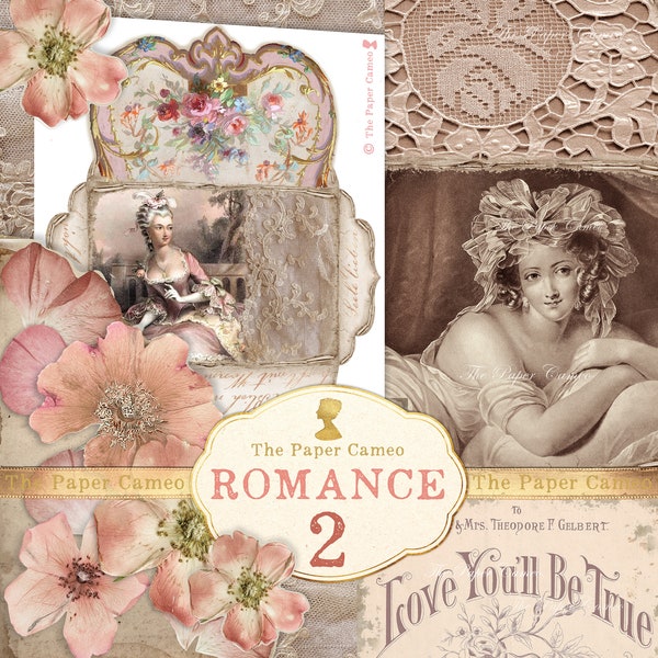 ROMANCE 2 Ephemera Digital, Ephemera Digital Temática de San Valentín, Shabby Pink Valentine Imprimible, Ephemera de Amor, Ephemera Floral Romántica,