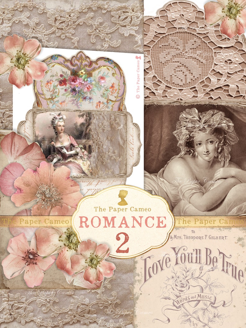 May include: A vintage-style collage featuring a floral design with a lace overlay. The text "The Paper Cameo Romance 2" is displayed in a gold frame. The collage includes a vintage image of a woman in a dress and a vintage image of a woman with a flower crown.